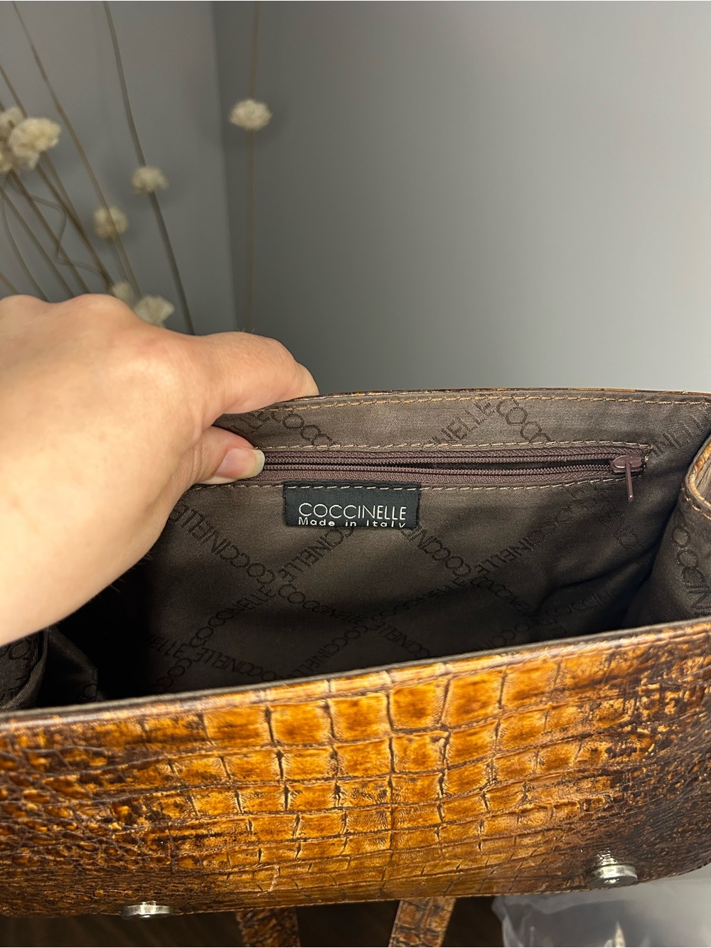 Coccinelle Brown Croc Embossed Leather Shoulder Bag - Picture 13 of 14